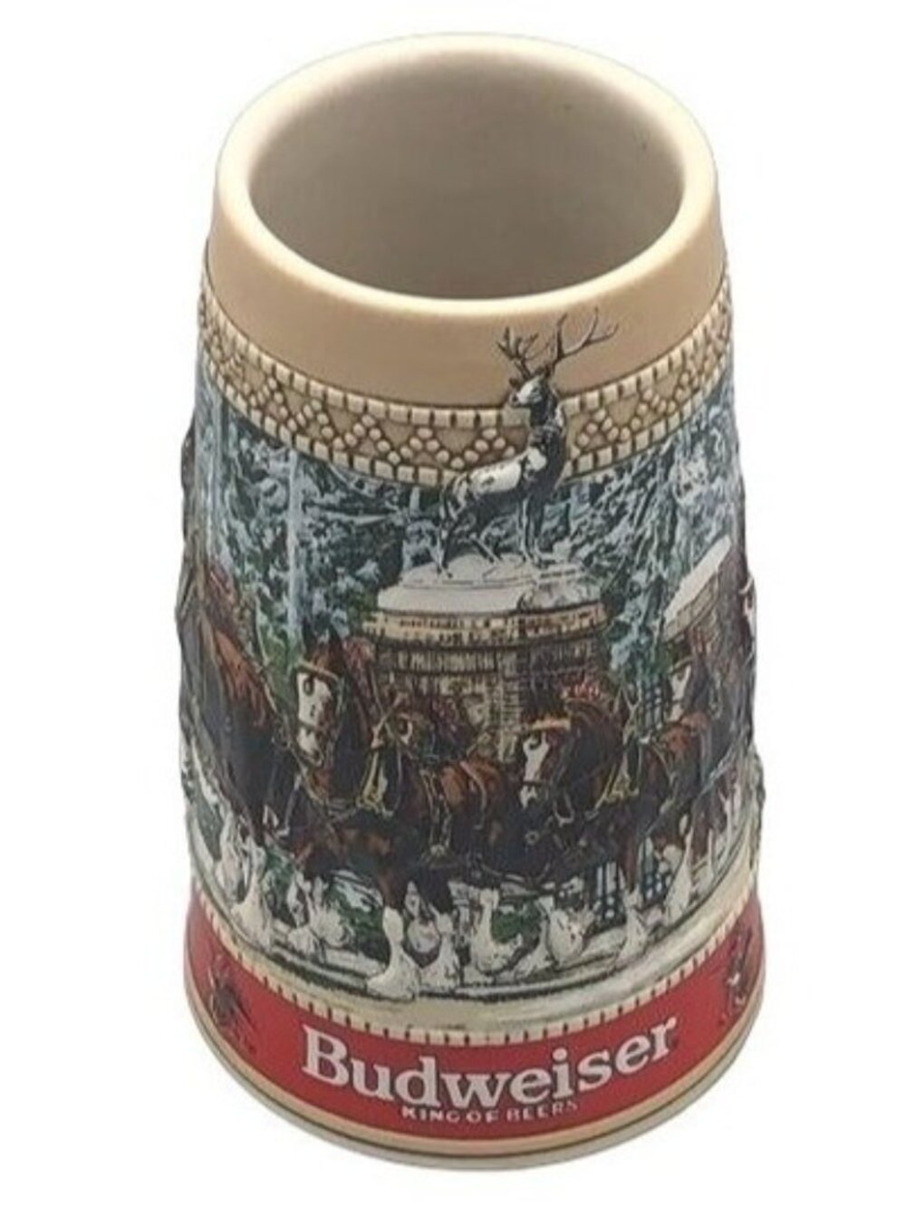 Budweiser clydesdales Christmas collector mug stine 6.5" horse wagon brown READ